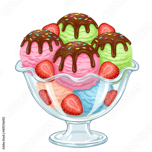 Delicious Ice Cream Sundae with Chocolate Drizzle and Fresh Strawberries Dessert