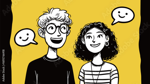 Two cheerful friends are engaging in conversation, both smiling widely. The background is a vibrant yellow, creating an uplifting ambiance.