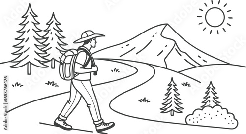 Adventurous hiker explores scenic mountain trail with backpack under bright sun