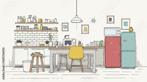This kitchen features light wood flooring and colorful appliances, creating a cheerful atmosphere.
