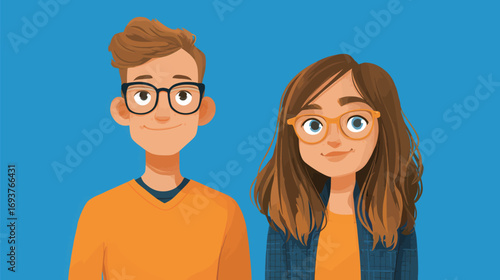 Two animated characters stand next to each other, both wearing orange clothing and glasses. They smile warmly against a bright blue backdrop.