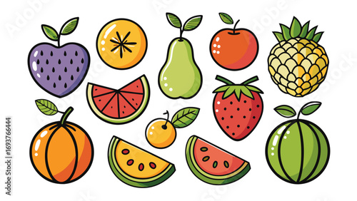 Vector art of a colorful assortment of cartoon fruits, including strawberries, watermelon, pineapple, and more, for a vibrant design