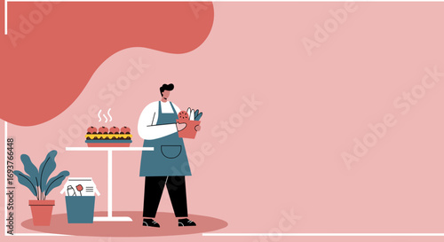Chef or caterer in an apron holding fresh ingredients, with hot sliders on a table. Ideal for food service, healthy eating, or restaurant promotions.