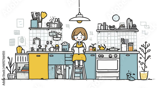A woman sits on a stool in a colorful kitchen, focused on a recipe. Surrounding her are cooking tools, plants, and warm morning light, creating a welcoming atmosphere.