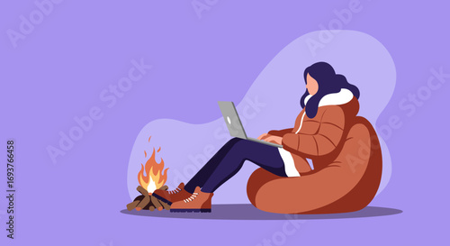A cozy person works remotely on a laptop by a warm campfire, embodying winter comfort and a modern digital nomad lifestyle. Ideal for remote work, travel, or outdoor leisure concepts.