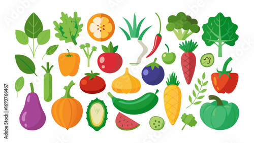 Vector art of a colorful assortment of fresh vegetables, including leafy greens, root vegetables, and flowering plants, all with a cartoonish style