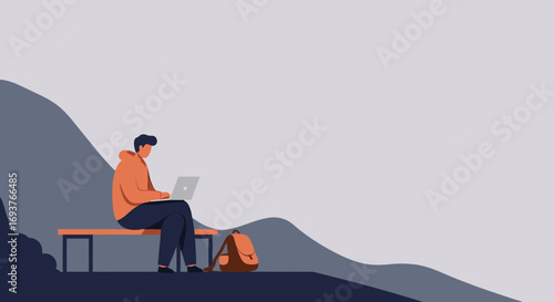Young person casually working or studying on a laptop outdoors on a bench. Represents remote work, freelance, online learning, or digital nomad lifestyle. Freedom and flexibility.