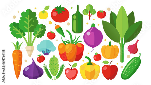 Vector art of a colorful assortment of cartoon vegetables, including tomato, carrot, pepper, and more, for a vibrant and healthy design