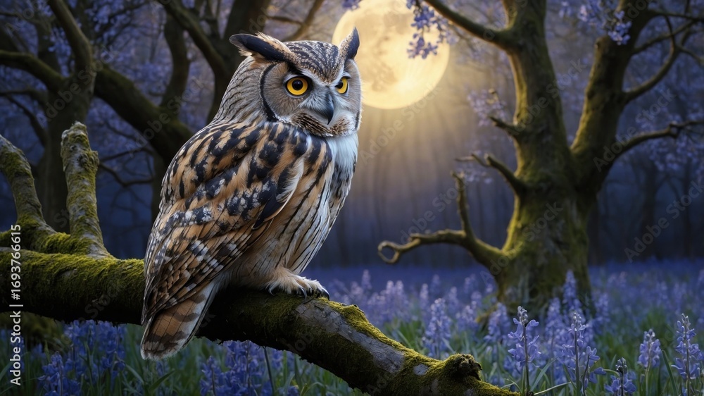 Obraz premium Majestic owl perched on a tree branch under a full moon, surrounded by blooming blue flowers in a serene forest