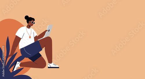 Stylish person casually working on a laptop outdoors, embodying modern remote work and digital nomad lifestyle with freedom and connectivity.