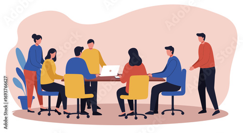 Business team meeting in a modern office, collaborating on a project with laptops. Illustrates teamwork, discussion, and corporate strategy.