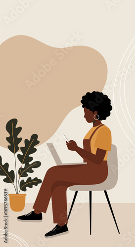 African American woman multitasking with laptop and phone, working remotely in a modern home office setting. Concepts: digital work, connectivity, lifestyle.