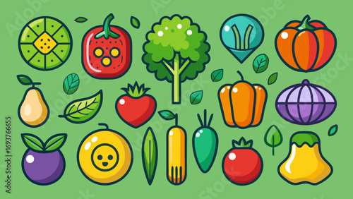 Vector art of a vibrant assortment of fresh vegetables, including broccoli, tomatoes, peppers, and more, arranged in a colorful and healthy display on green background