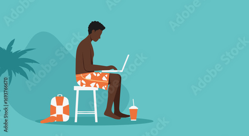 Man works remotely on a laptop from a tropical destination, embodying flexible work, digital nomad lifestyle, and vacation productivity.