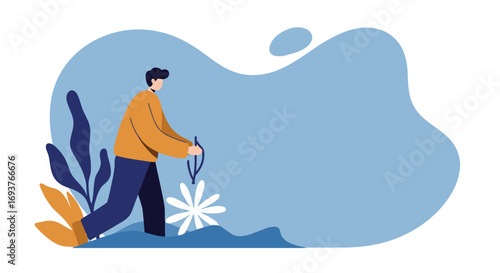 A man in a stylized natural landscape, walking and gently tending to a plant. Represents growth, environmental care, and sustainable lifestyle.