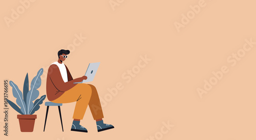 Man in sunglasses focused on laptop, working remotely or learning online. Represents modern productivity, freelance, and casual tech use.