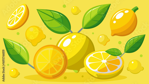 Vector art of a vibrant lemon illustration showcases whole and sliced lemons with lush green leaves, set against a cheerful yellow backdrop, radiating freshness and zest