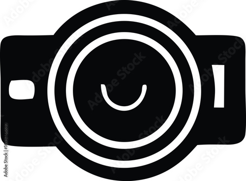 Simple black and white camera icon with smiling face for photography and creative projects