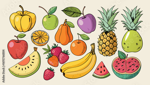 Vector art of a vibrant assortment of handdrawn fruits, including apples, bananas, pineapple, and watermelon, creates a colorful and healthy composition for designs
