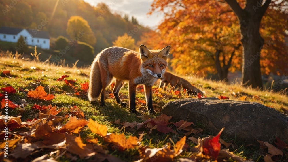 Fototapeta premium A curious red fox exploring a vibrant autumn landscape filled with colorful fallen leaves