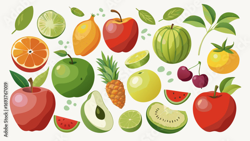 Vector art of a vibrant collection of various fruits, including apples, oranges, pineapples, and watermelons, arranged in a colorful and diverse composition