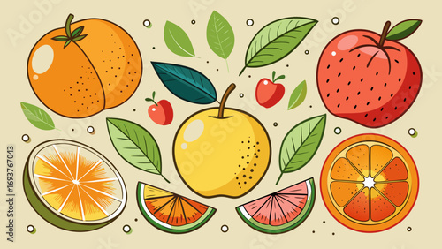 Vector art of a colorful assortment of fruits and leaves, perfect for illustrating healthy eating, fresh produce, and vibrant flavors