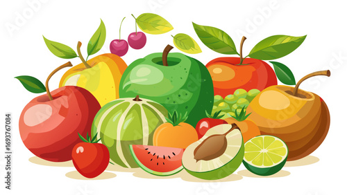Vector art of a vibrant collection of various fruits, including apples, cherries, grapes, watermelon, plum, lime, and more, creating a colorful and appetizing display