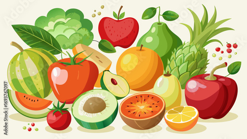 Vector art of a colorful assortment of fresh fruits, including watermelon, tomato, avocado, orange, pineapple, apple, and more, creating a vibrant and healthy composition