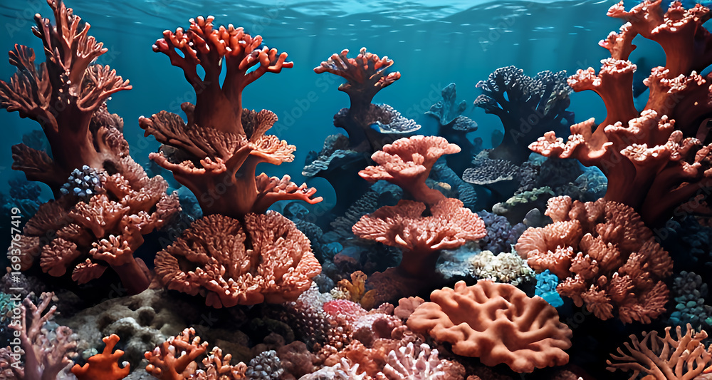 Fototapeta premium Colorful Coral Reef Underwater Scene with Marine Life