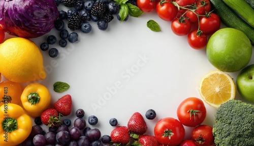Colorful fruits and vegetables arranged in a circle