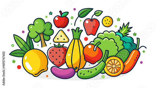 Vector art of a vibrant assortment of fresh fruits and vegetables, , showcasing natures colorful bounty and promoting healthy eating habits