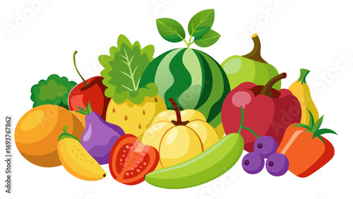 Vector art of a vibrant assortment of fresh fruits and vegetables, including watermelon, pineapple, tomato, and more