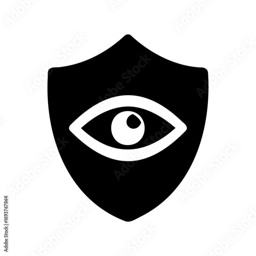 Black security shield with white eye symbolizing security and surveillance