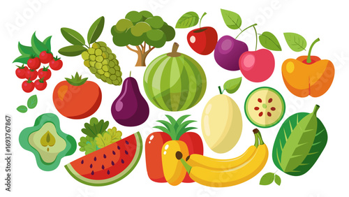 Vector art of a vibrant assortment of fresh fruits and vegetables, , showcasing natures colorful bounty and healthy eating options