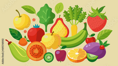 Vector art of a vibrant assortment of fruits and vegetables, including apples, bananas, strawberries, tomatoes, and leafy greens, arranged in a colorful composition