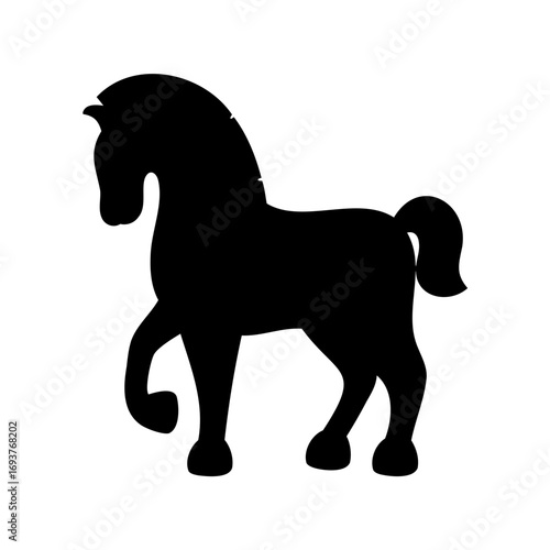 Silhouette of a sturdy black horse standing against a white background
