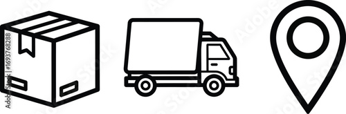 Delivery service icons: package, truck, and location pin, symbolizing shipping and logistics.
