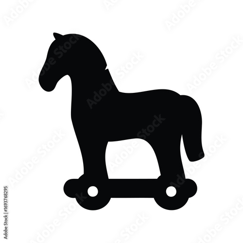 Black Silhouette of a Trojan Horse Toy on Wheels, Simple Design