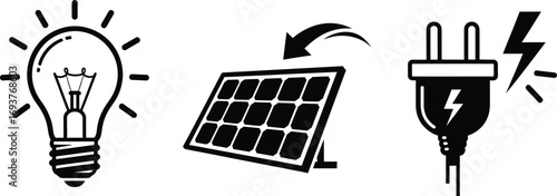 Conceptual icons showing solar energy conversion to electricity for power.