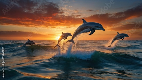 Dolphins leaping gracefully above ocean waves during a vibrant sunset, showcasing nature's beauty