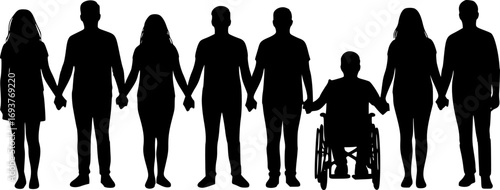 Silhouette of diverse young people standing in row holding hands with man in wheelchair in middle, symbol of inclusion, unity, teamwork, support and diversity