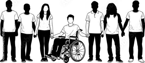Silhouette of diverse young people standing in row holding hands with man in wheelchair in middle, symbol of inclusion, unity, teamwork, support and diversity