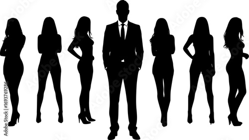 Silhouette of confident man in suit standing in front of group of female fashion models posing in row, vector illustration of elegance, style, power and leadership