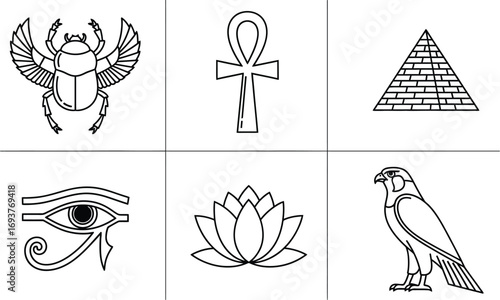 A collection of six iconic ancient Egyptian symbols presented in a simple black and white line drawing style.