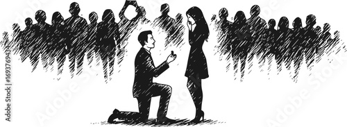 Silhouette of man kneeling proposing to woman in front of group of people, romantic marriage proposal scene on white background