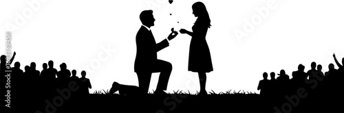 Silhouette of man kneeling proposing to woman in front of group of people, romantic marriage proposal scene on white background