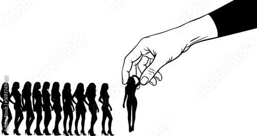 Giant hand picking up choose a woman model from group of sexy model women standing in row silhouettes on white background.
