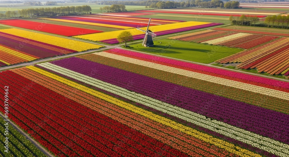 Obraz premium Aerial view of vibrant multi-colored tulip fields and a traditional windmill in rural Holland during spring.