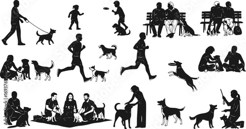 Group of People of All Ages with Dogs Vector Silhouette Set. Collection of Men, Women, Children Walking, Playing, and Interacting with Pets