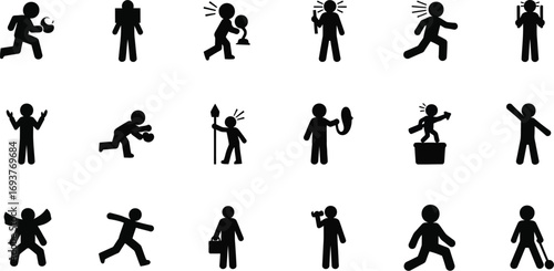 A diverse set of black stick figures depicting various human actions, emotions, and activities on a white background.